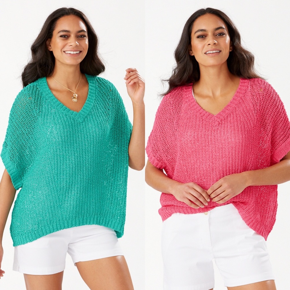 🍬 TOMMY BAHAMA AQUA ALOHA YARN VNECK LOOSE TOP! - Picture 16 of 16